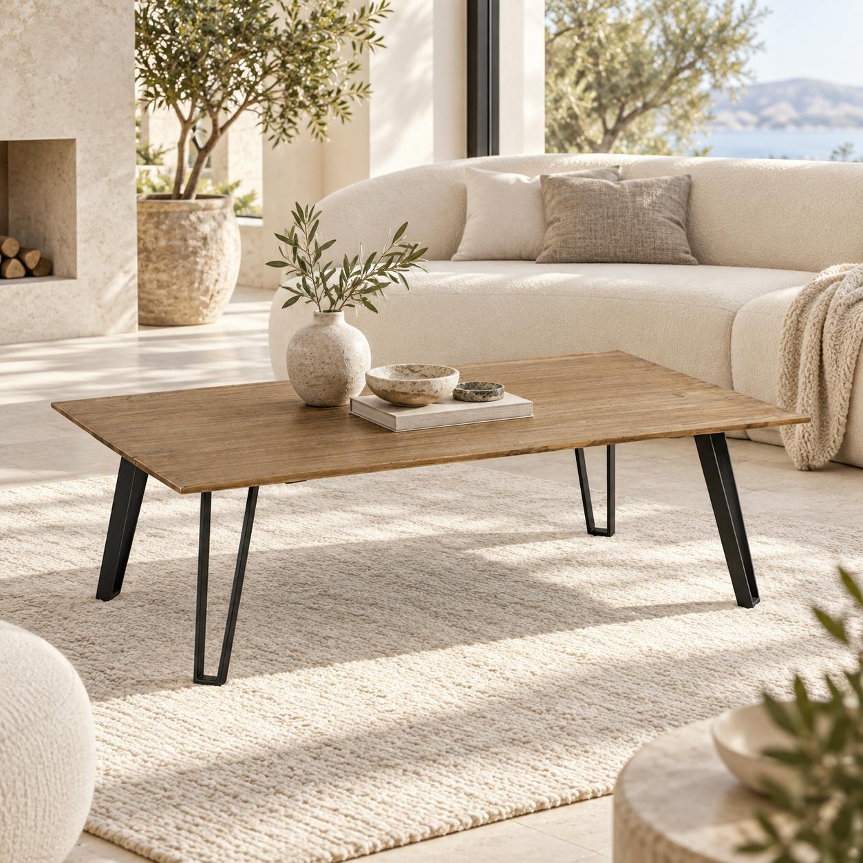 Table basse rectangulaire en bois pieds metal epingles de style contemporain
