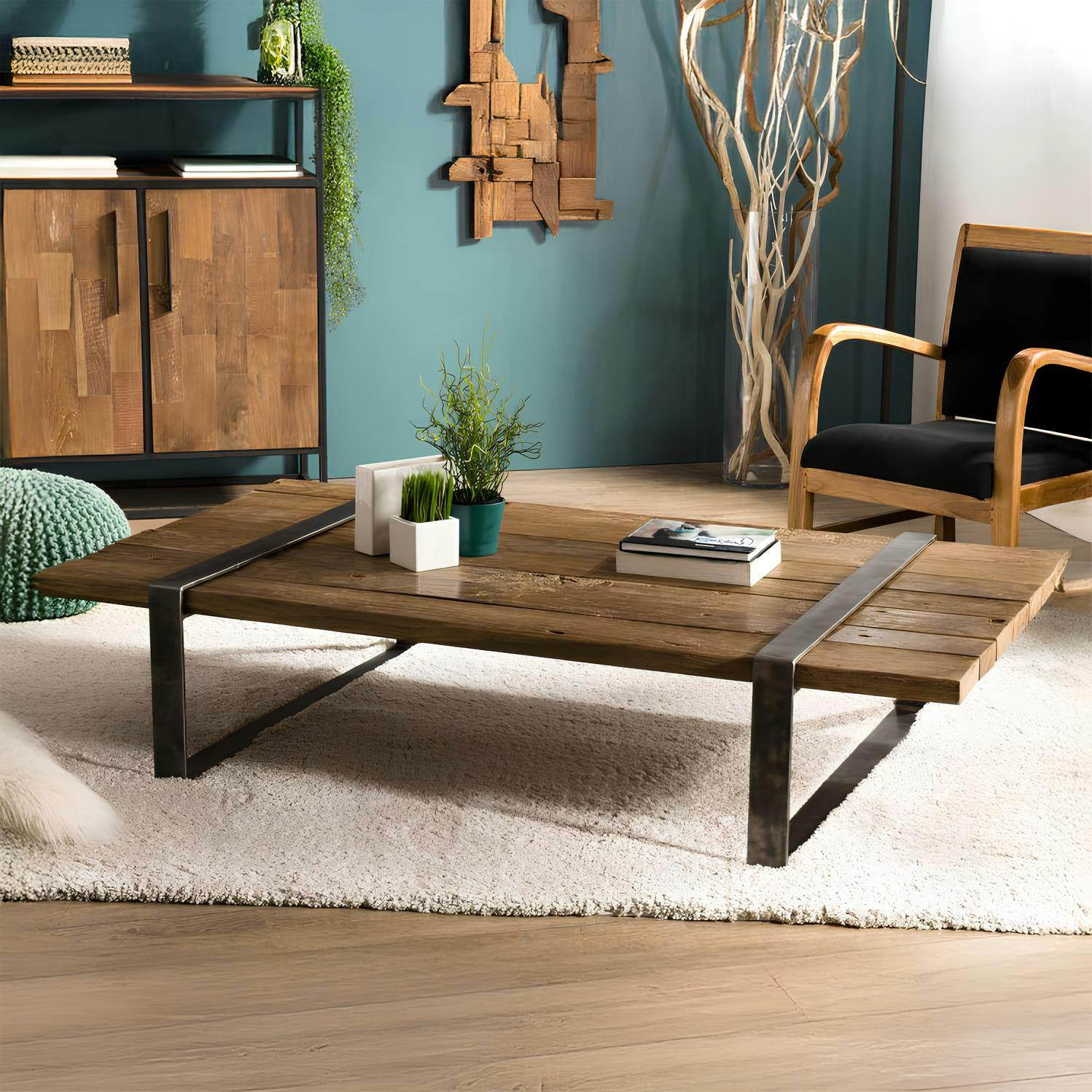 Table basse rectangulaire en bois traverses de chemin de fer style industriel