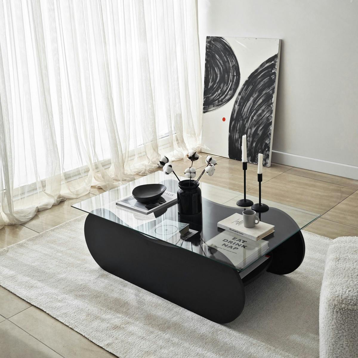 Table basse en verre, base luge noire avec rangement SALTA