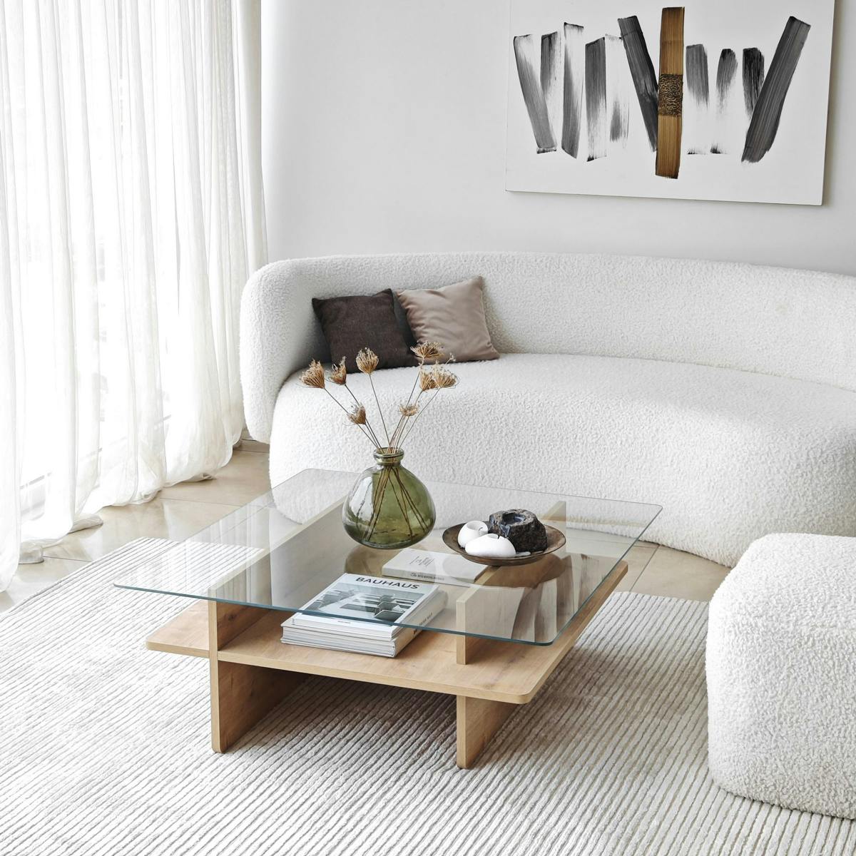 Table basse en verre carrée, base effet bois SALTA