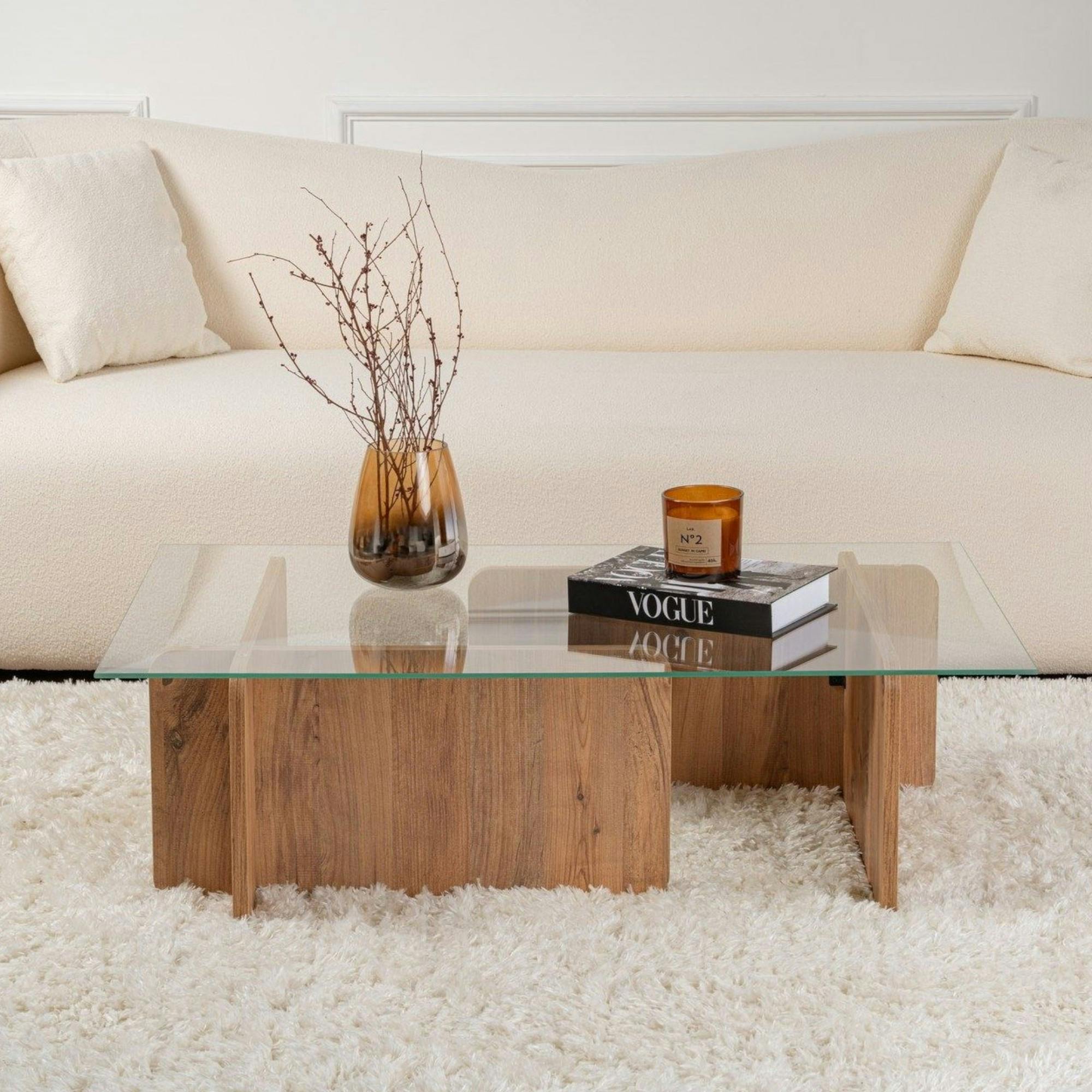 Table basse en verre déstructurée – base effet bois SALTA