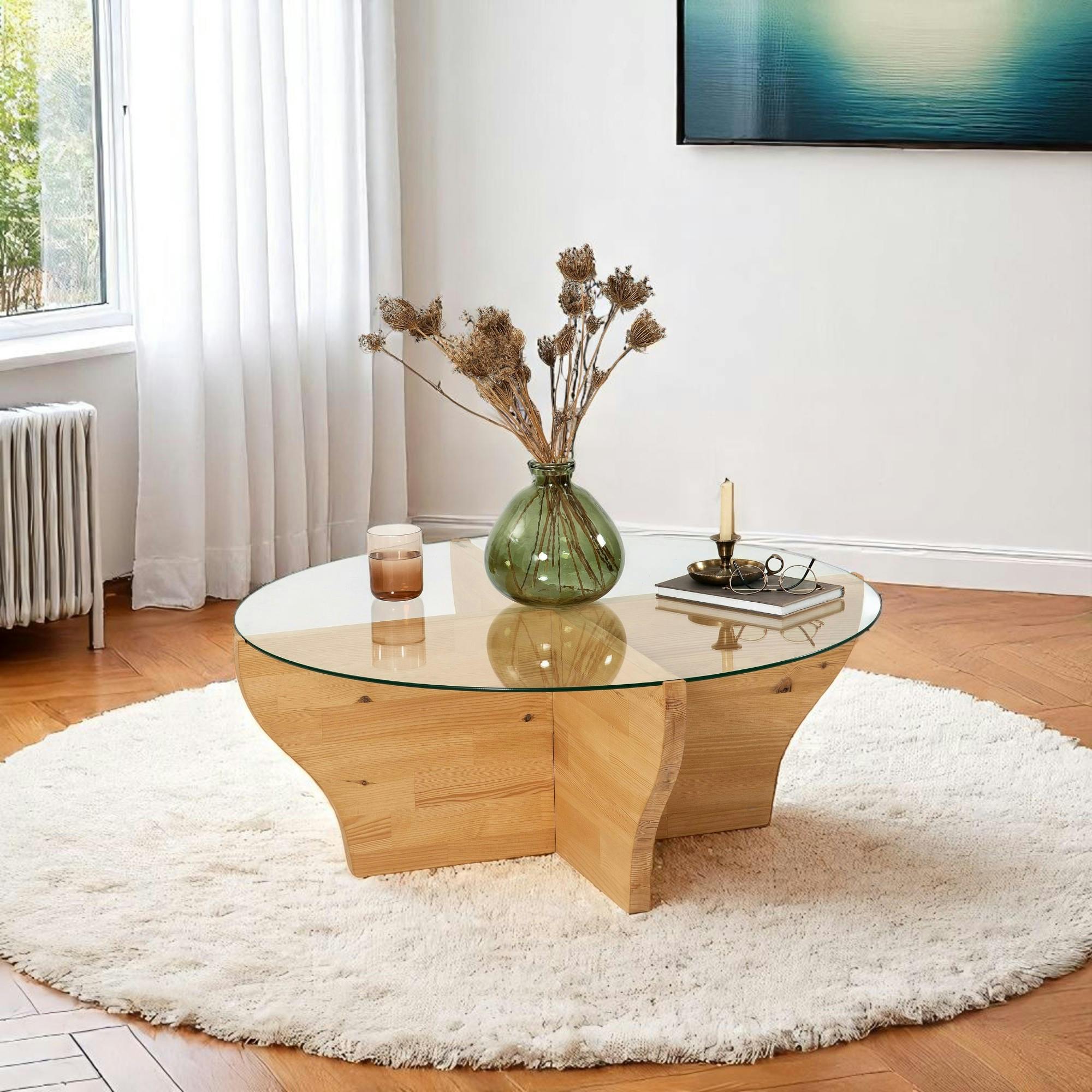 Table basse en verre et bois clair - pied en X, ANZIO