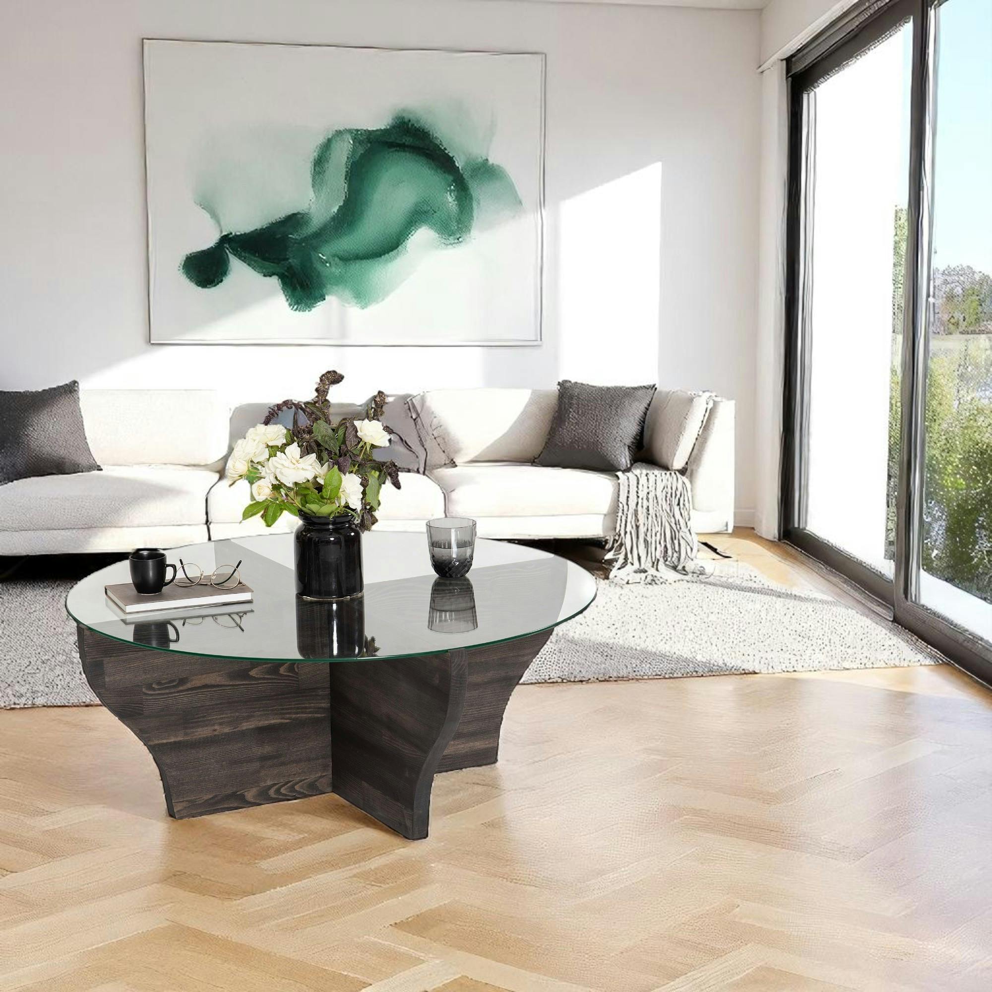 Table basse en verre et bois gris foncé - pied en X, ANZIO