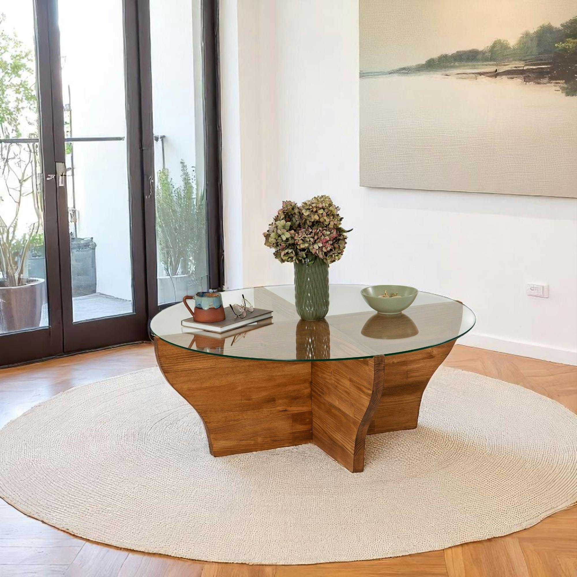 Table basse en verre et bois marron - pied en X, ANZIO