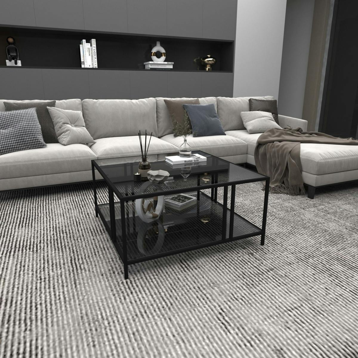 Table basse en verre fumé carrée, double plateau TULUM