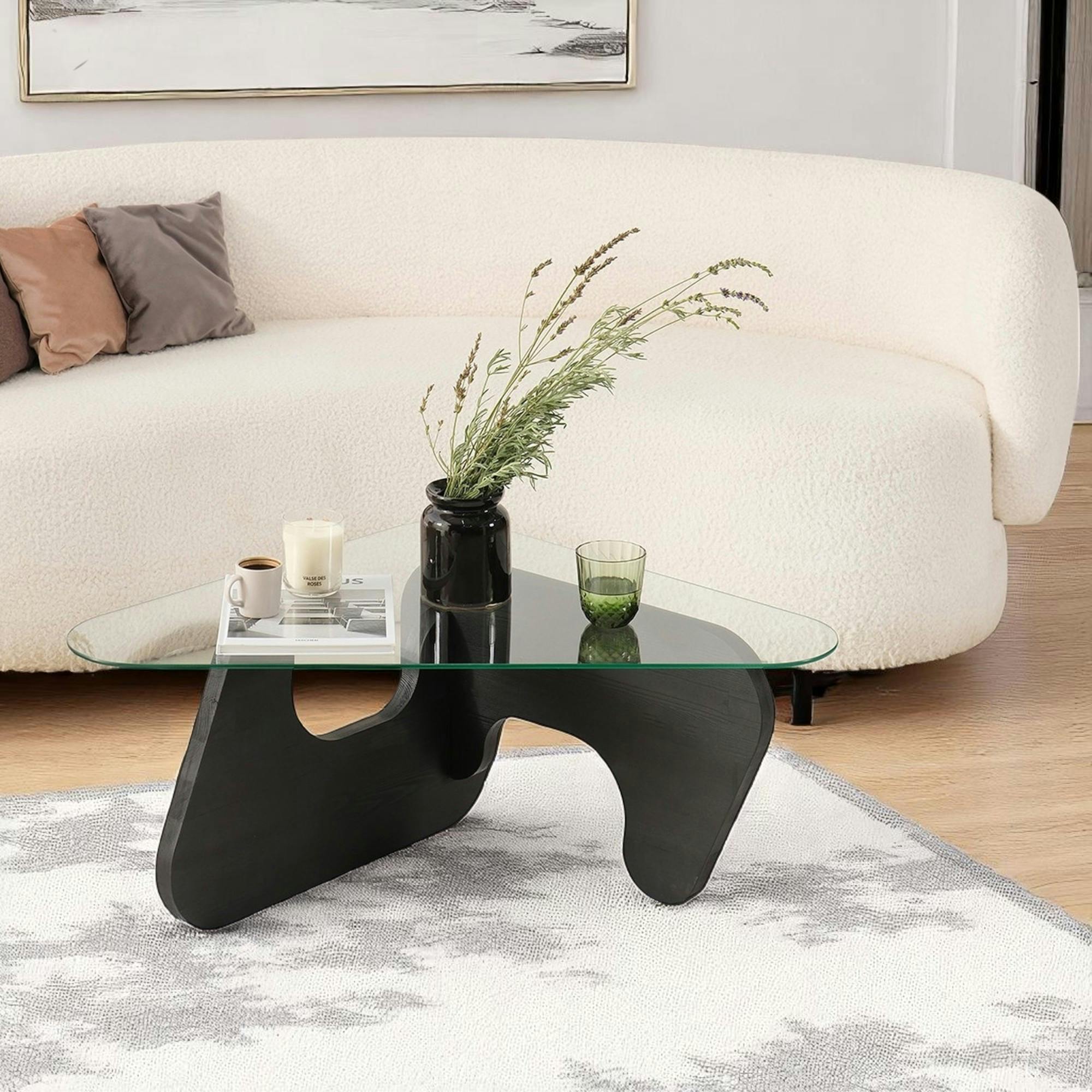 Table basse en verre - pied bois brun, forme triangle ANZIO