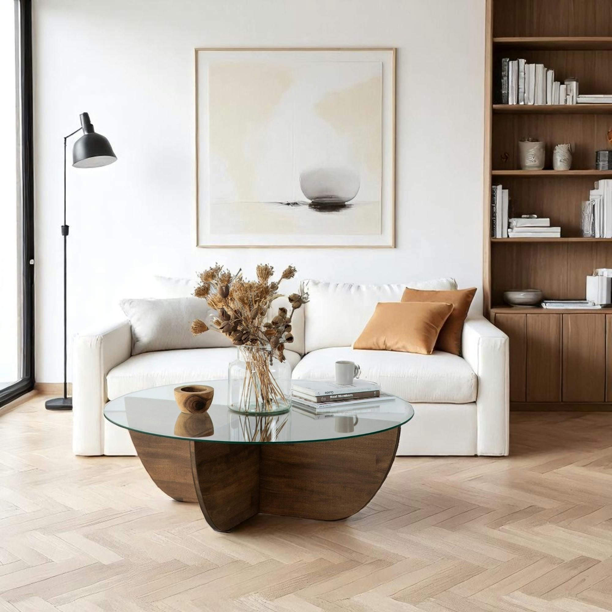 Table basse en verre – pied croix bois brun, 90 cm ANZIO