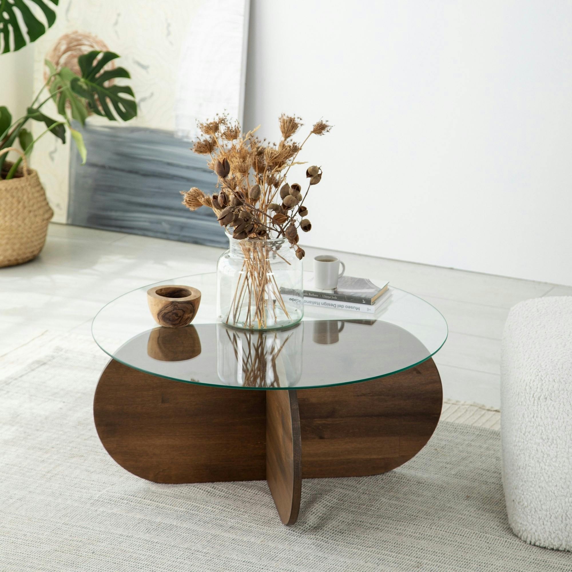 Table basse en verre – pied en croix bois brun ANZIO
