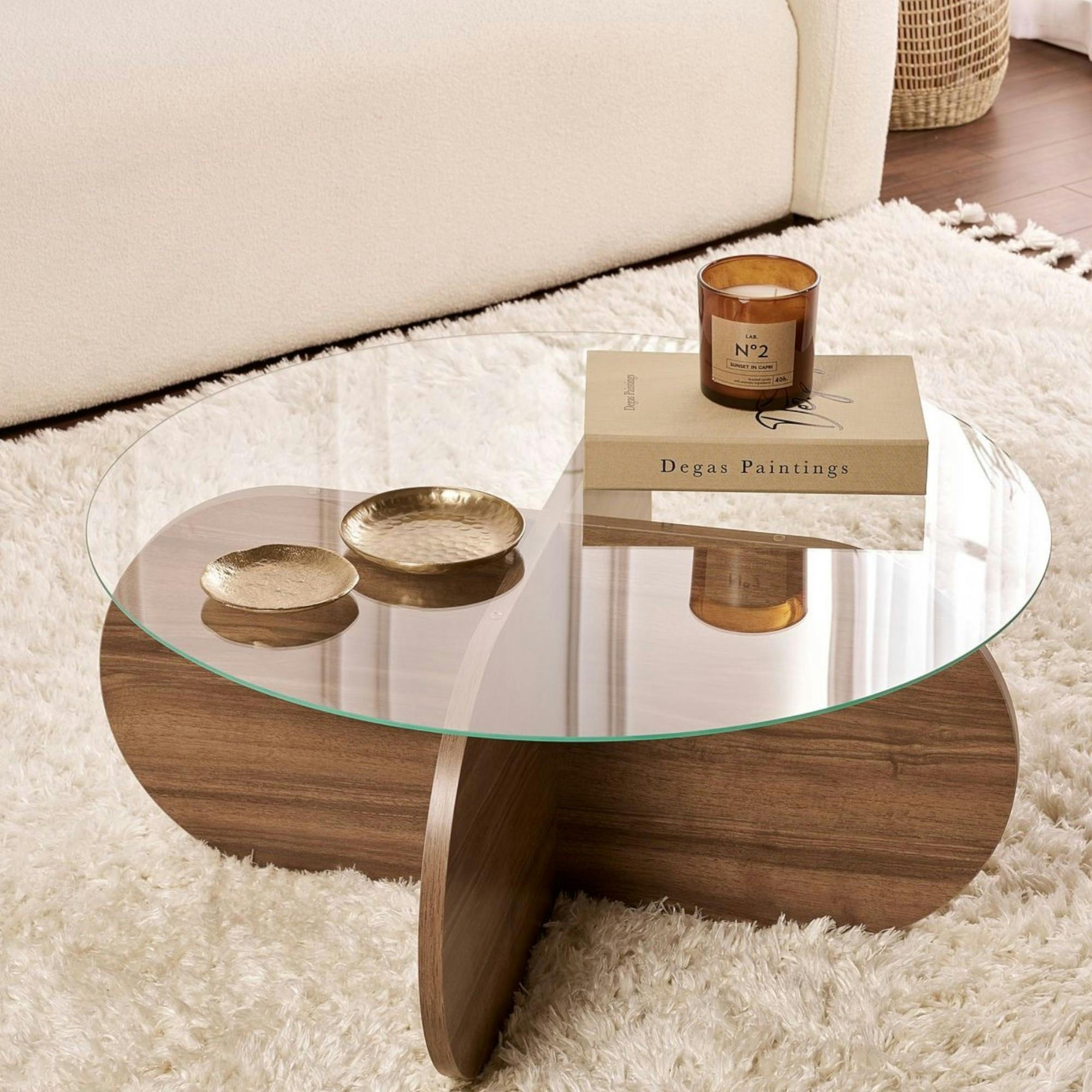 Table basse en verre - pied en croix effet noyer SALTA