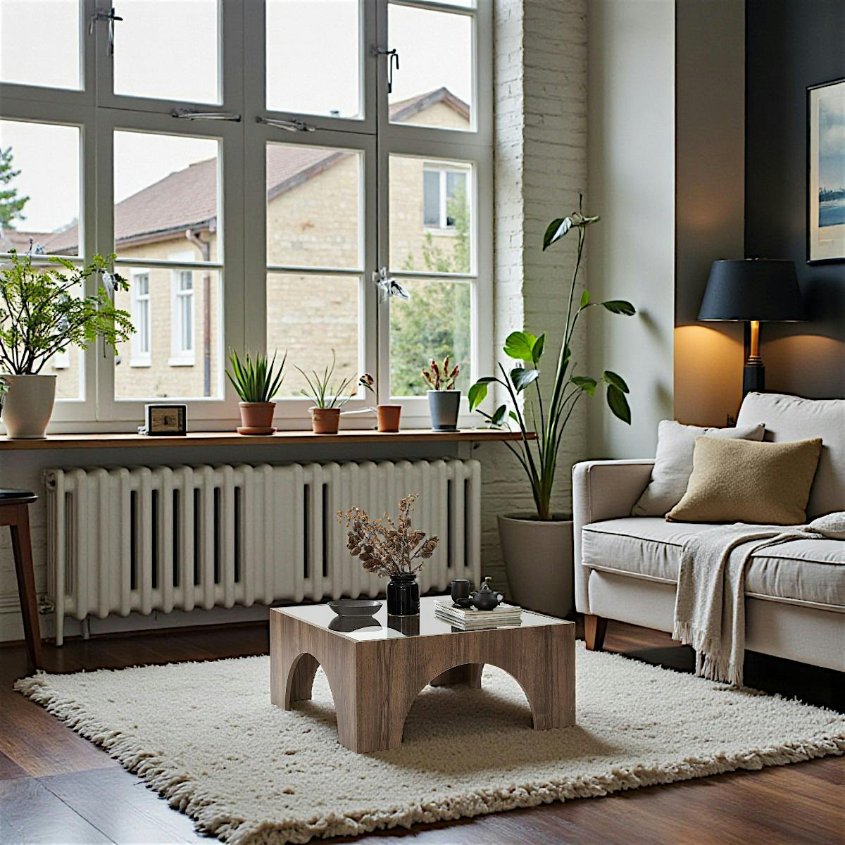 Table basse en verre, structure effet noyer à arches SALTA