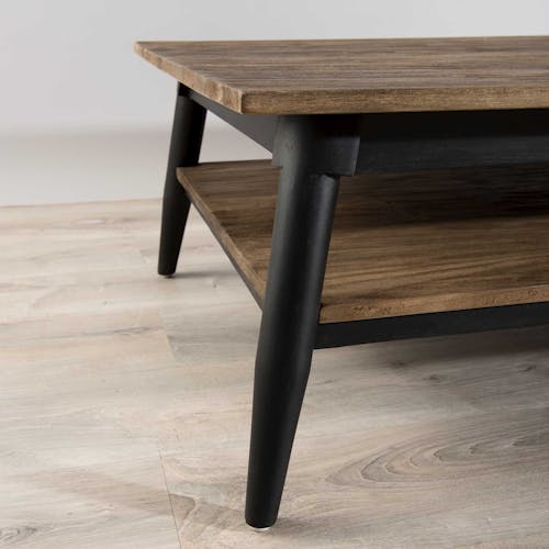 Table basse en bois recycle et metal deux plateaux de style contemporain