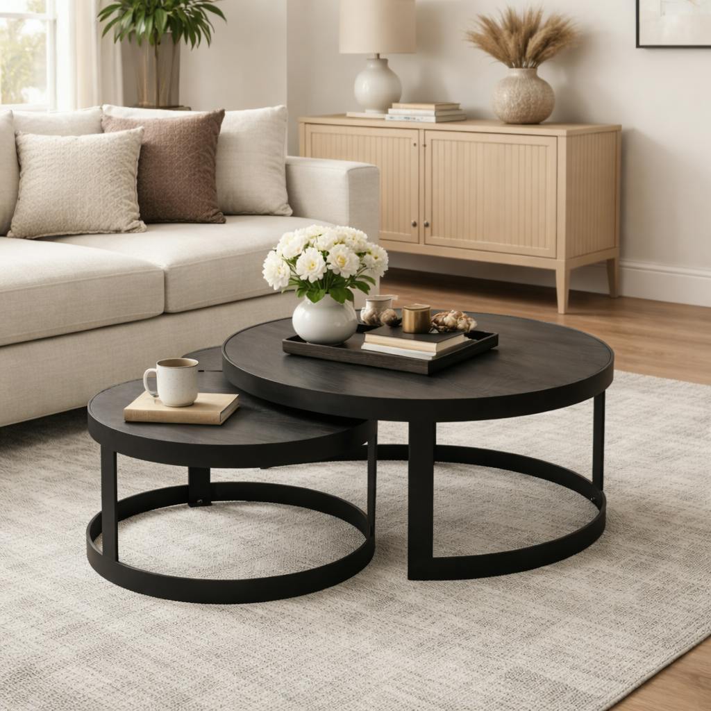 Table basse gigogne bois noir à rebord épais (lot de 2) ALMA