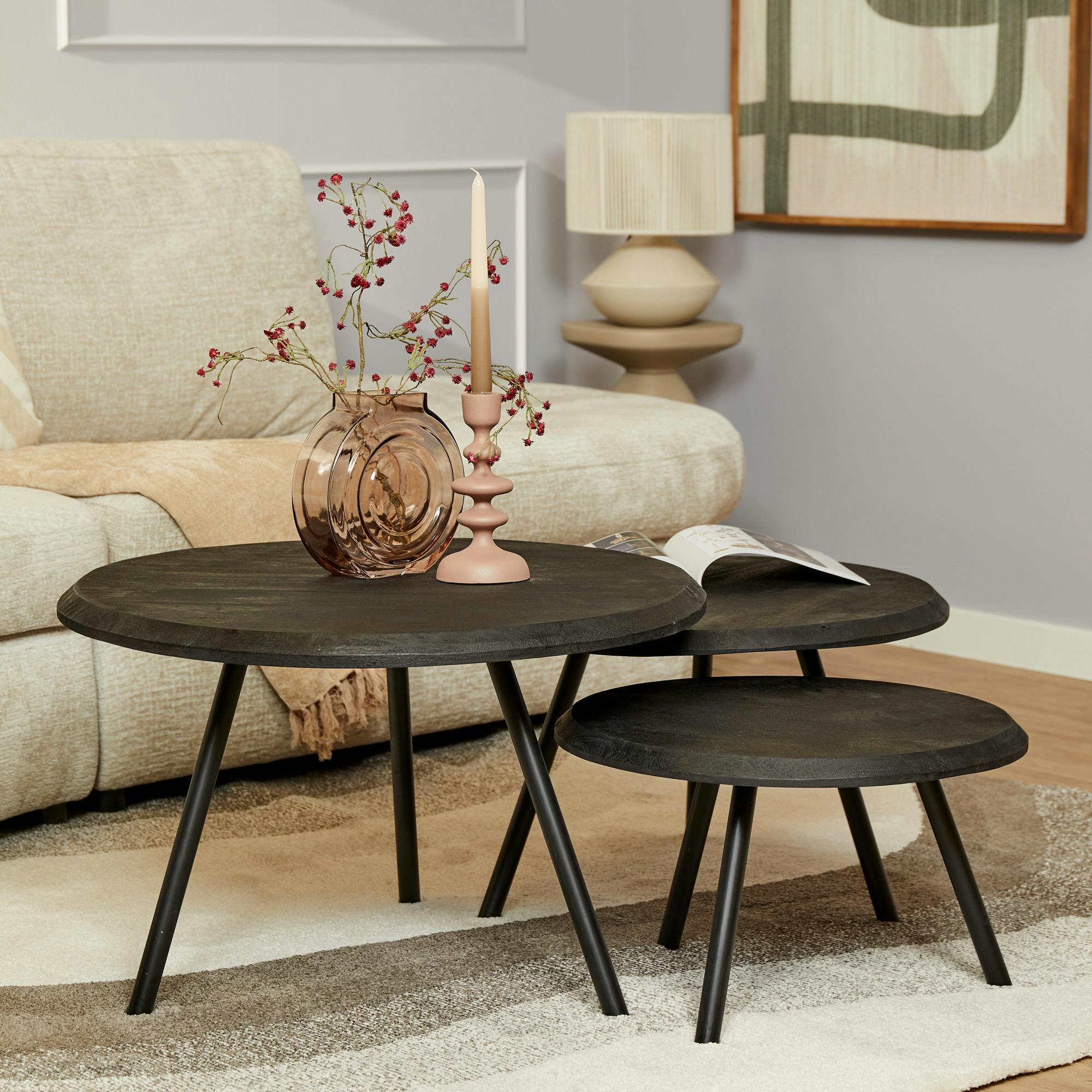 Table basse gigogne bois noir pieds compas (lot de 3) ALMA