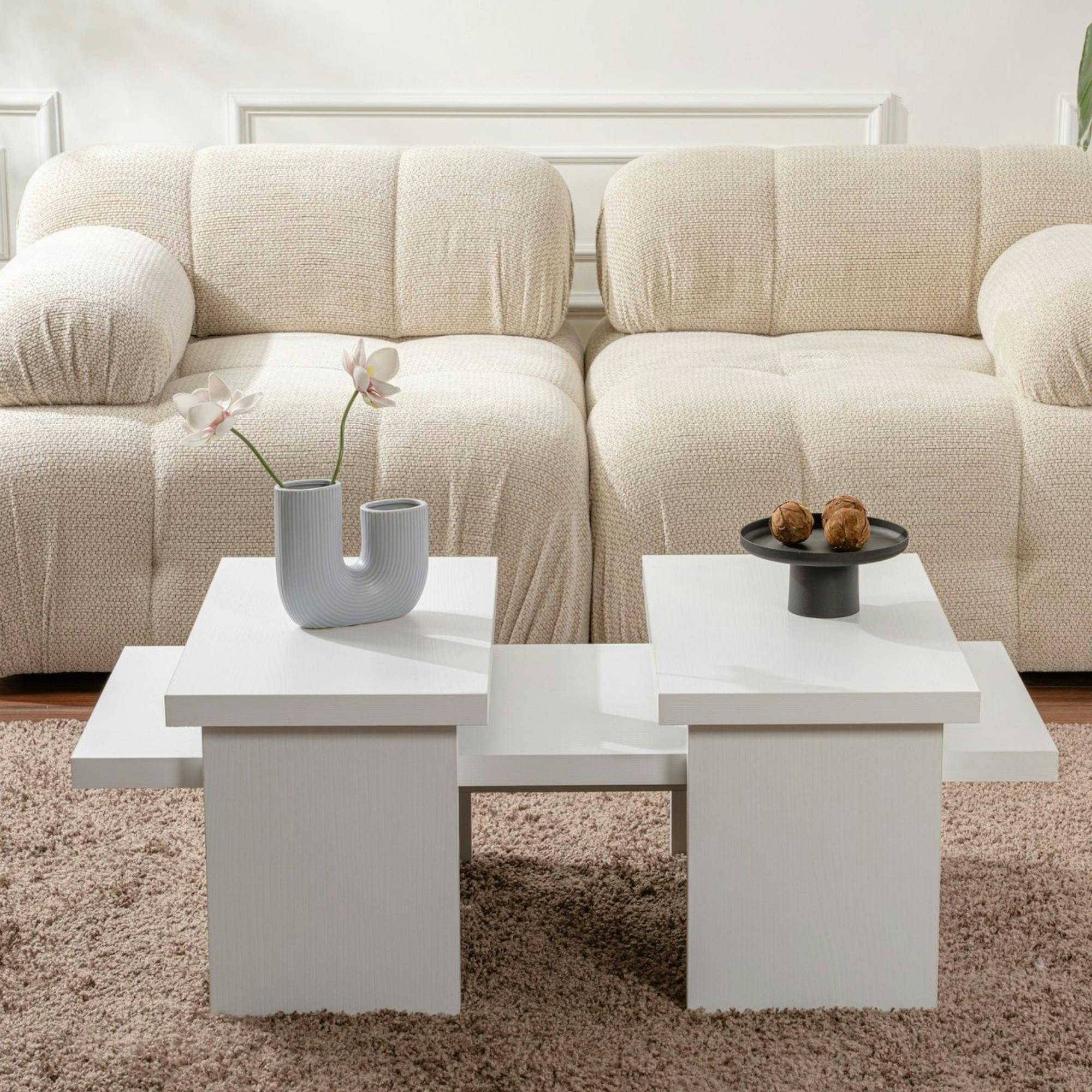 Table basse gigogne design – effet bois blanc (3 pièces) MARFA