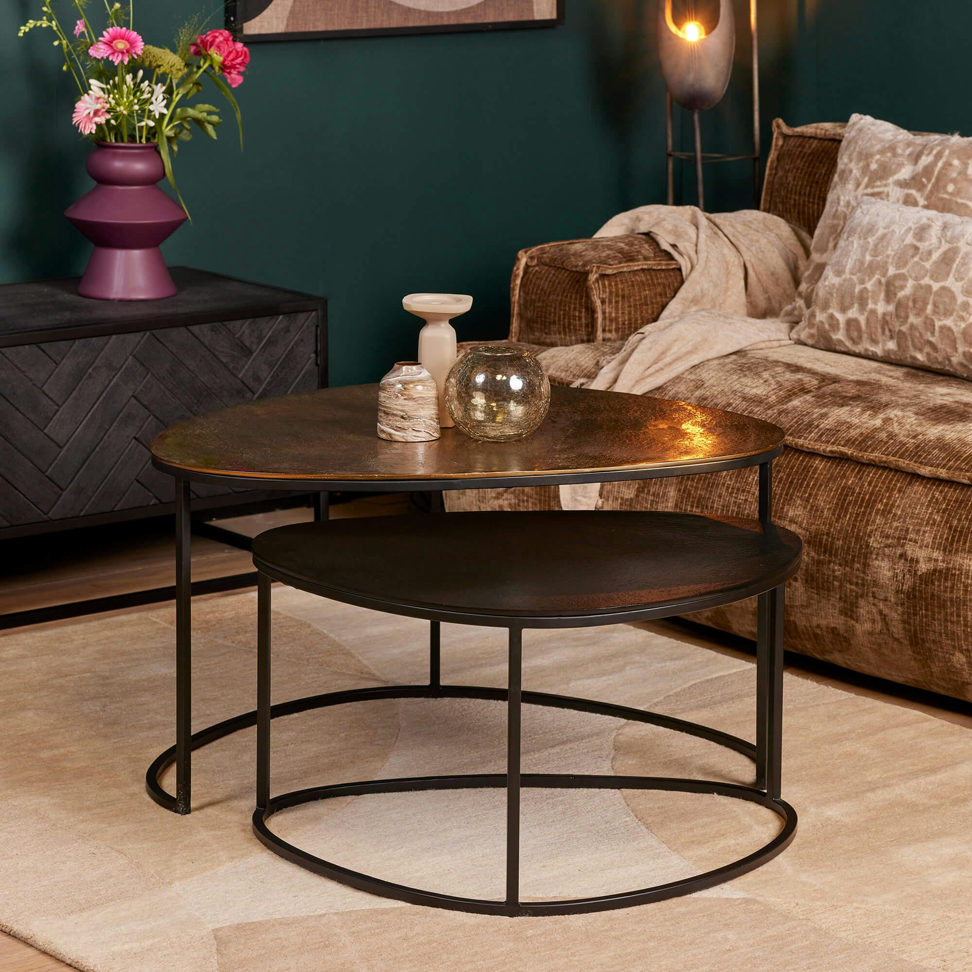 Table basse gigogne design organique noir et or (lot de 2) KANO