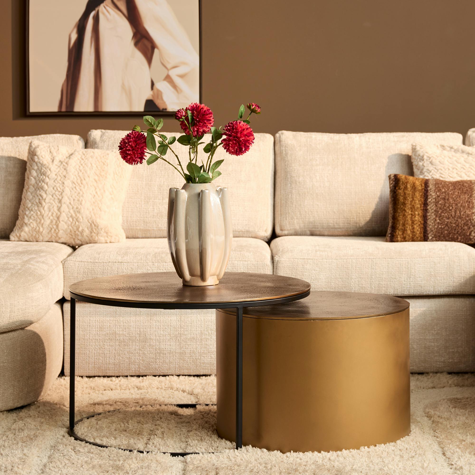 Table basse gigogne dorée à bloc cylindre (lot de 2) KANO