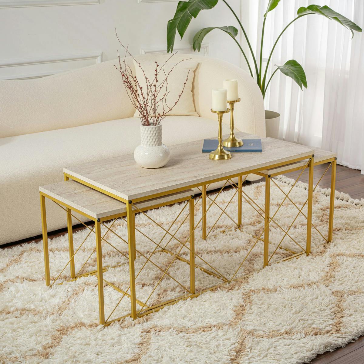 Table basse gigogne effet travertin pied doré (lot de 3) JENA