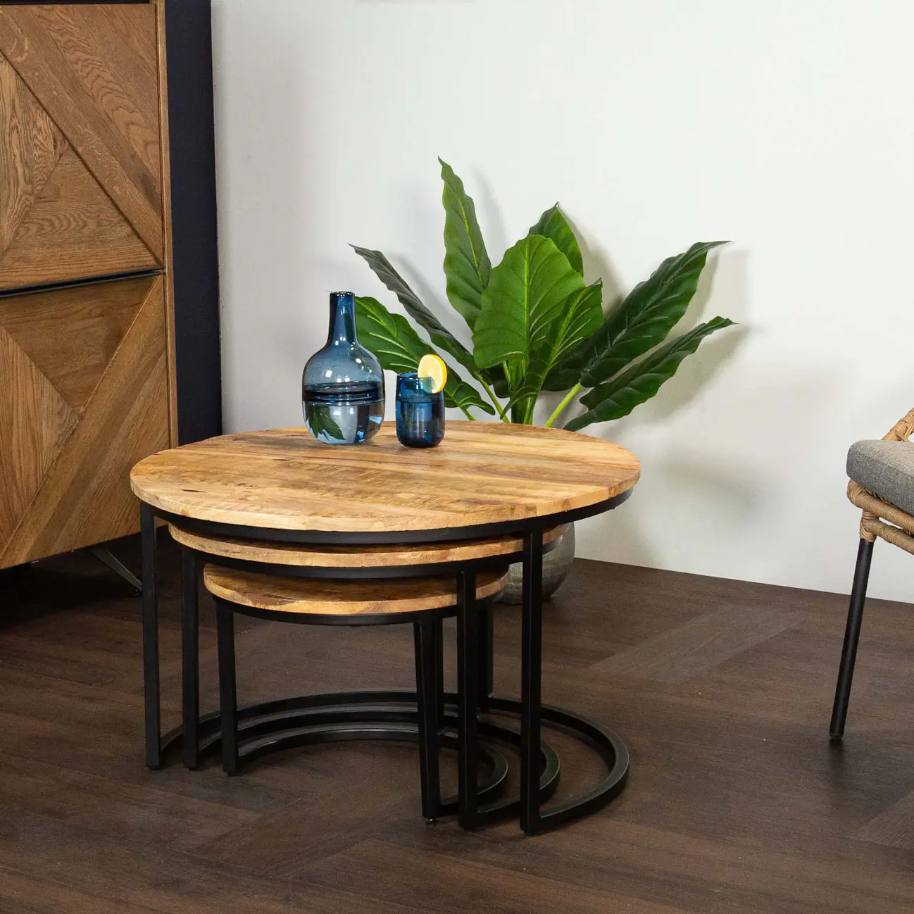 Tables Basses Gigognes 3pcs En Bois De Manguier Massif Et Fer - Ensemble Empilable Pour Petits Espaces
