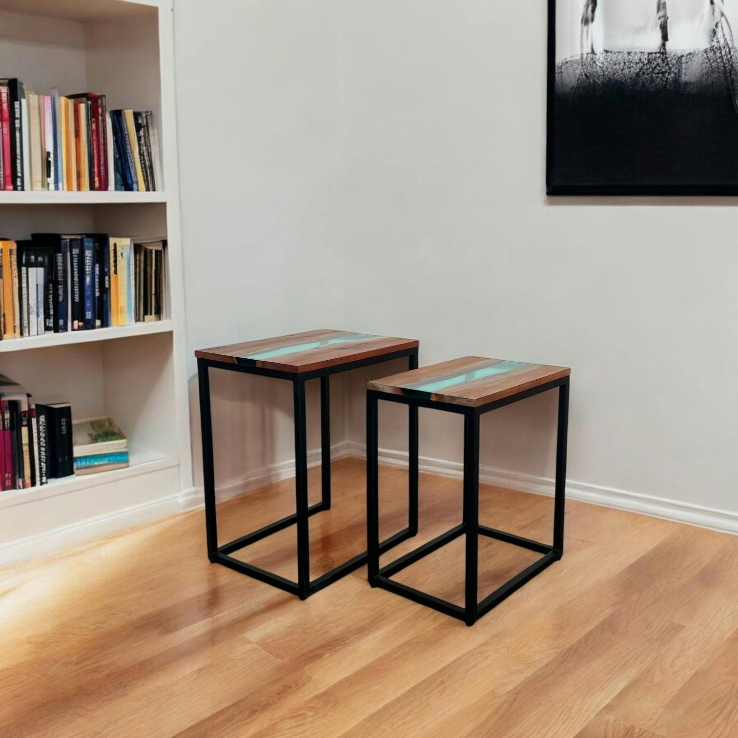 Table basse gigogne époxy lagon et bois d'acacia (lot de 2) BORA