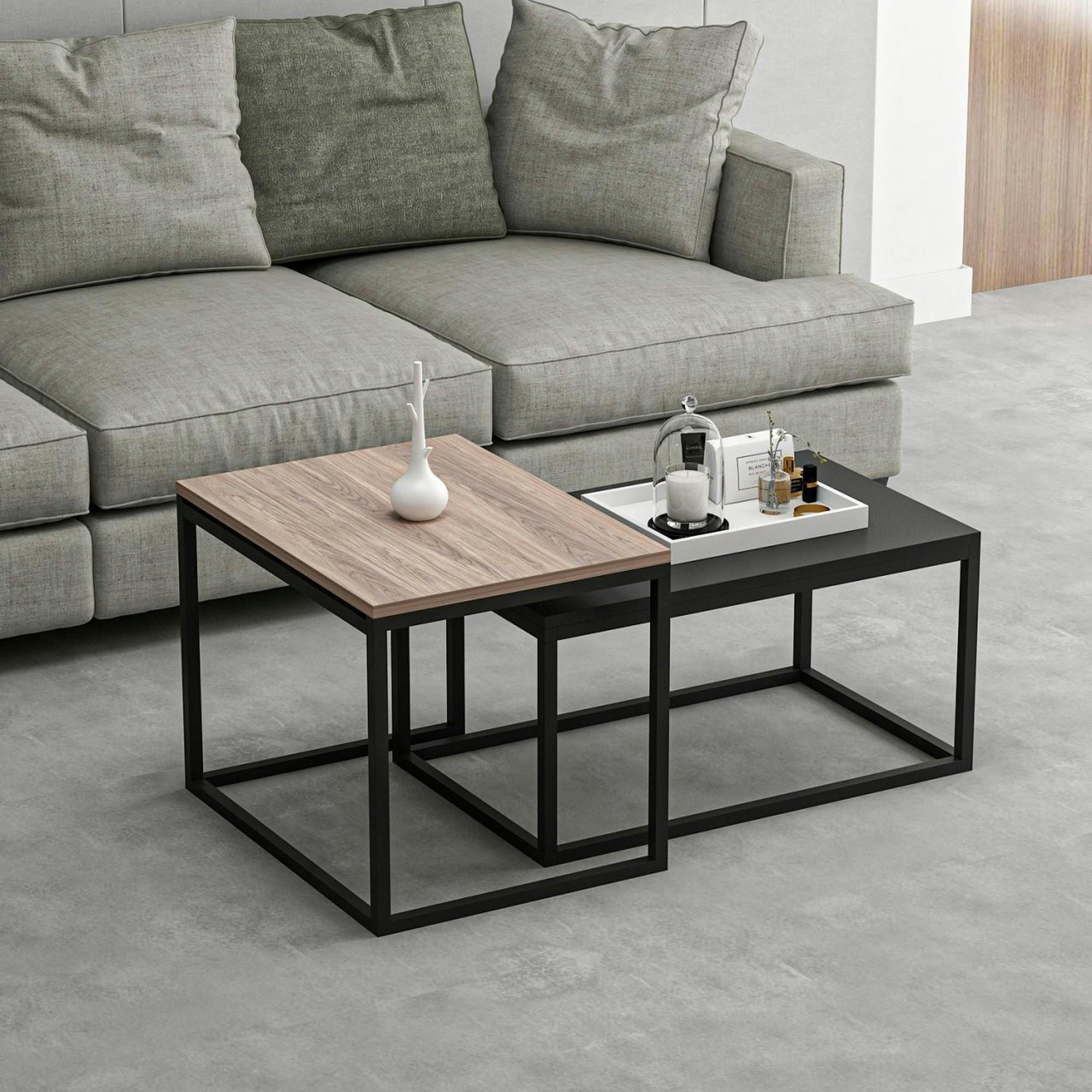 Table basse gigogne moderne - effet noyer & noir (lot de 2) JENA