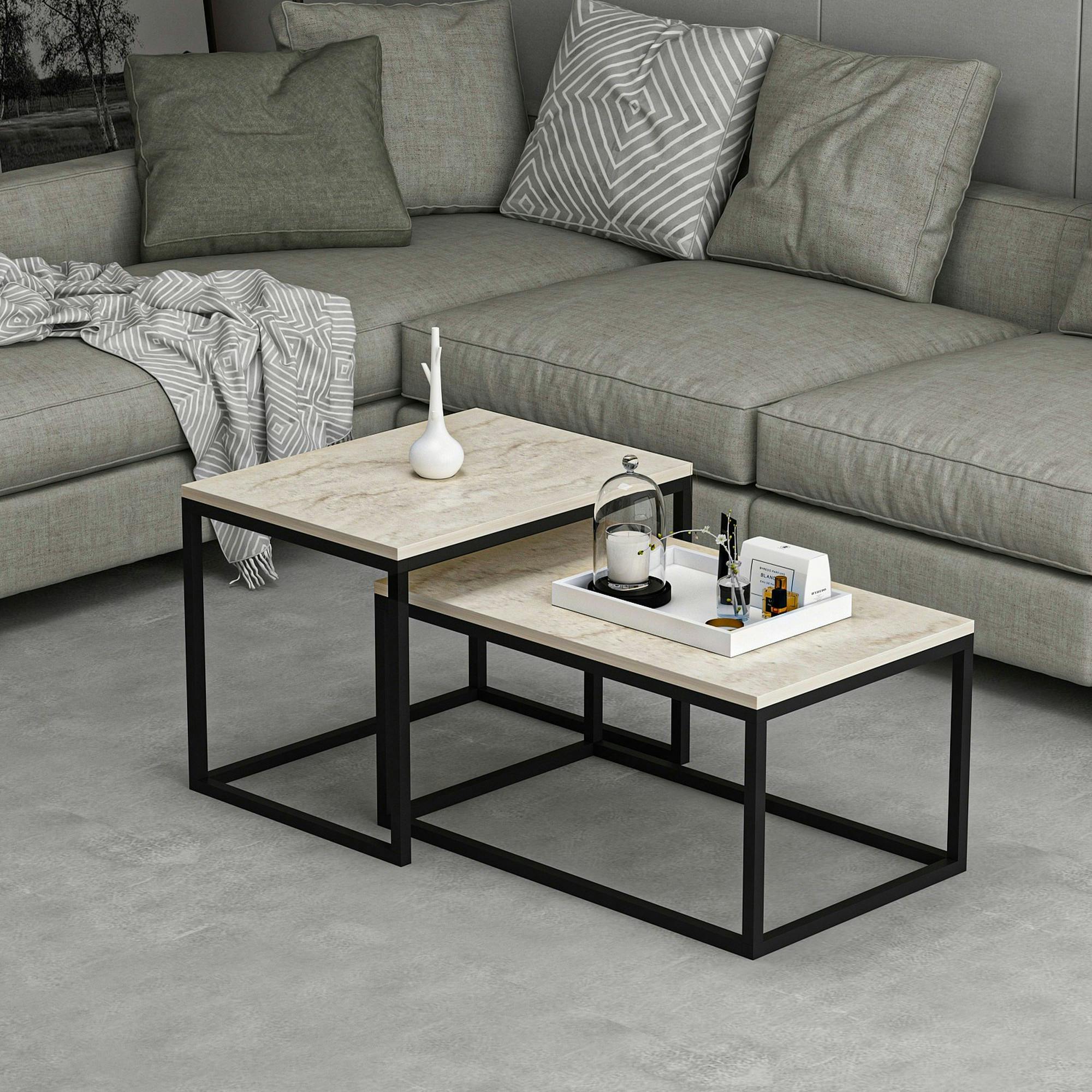 Table basse gigogne moderne effet travertin (lot de 2) JENA