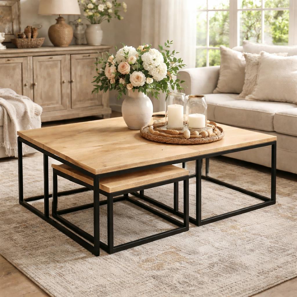 Table basse gigogne rectangulaire en bois clair (lot de 3) RIVANO