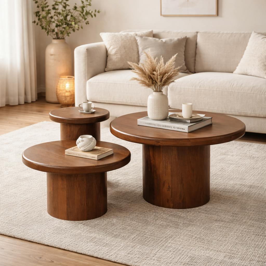 Table basse gigogne ronde bois foncé à plateau épais (lot de 3) ALMA
