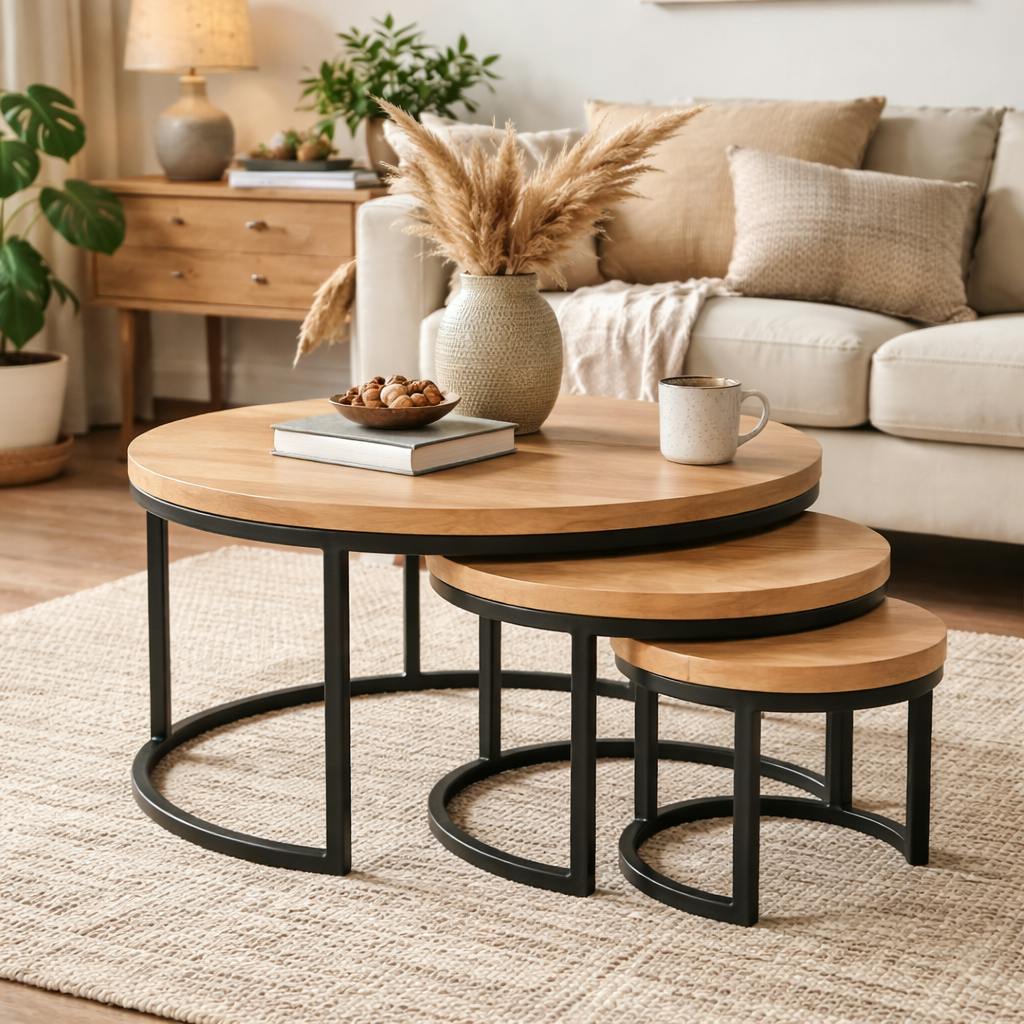 Table basse gigogne ronde en bois clair (lot de 3) RIVANO