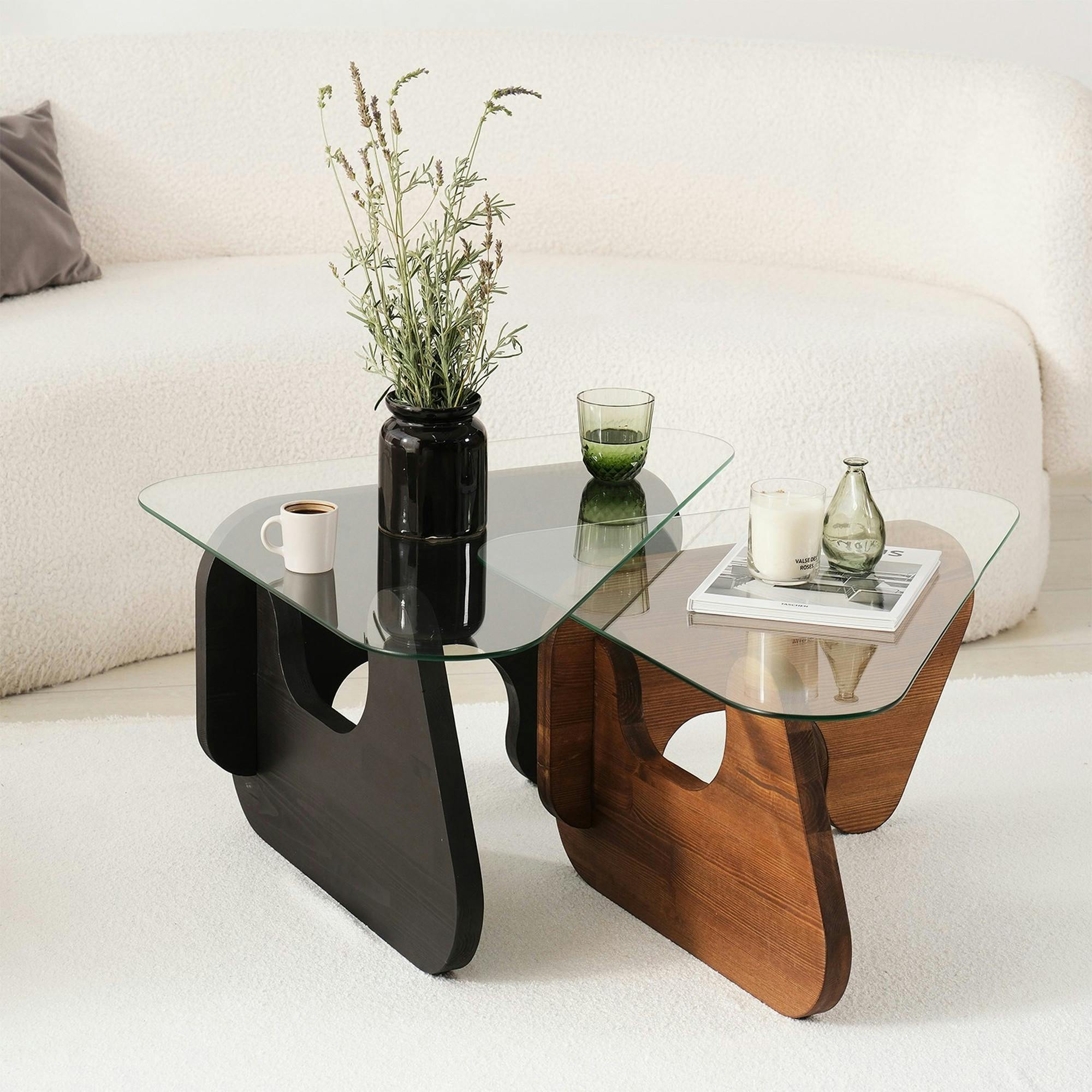 Table basse gigogne verre - 2 bois, triangle (lot de 2) ANZIO