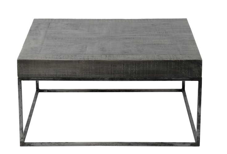 Table basse carree en bois gris et metal vieilli de style contemporain