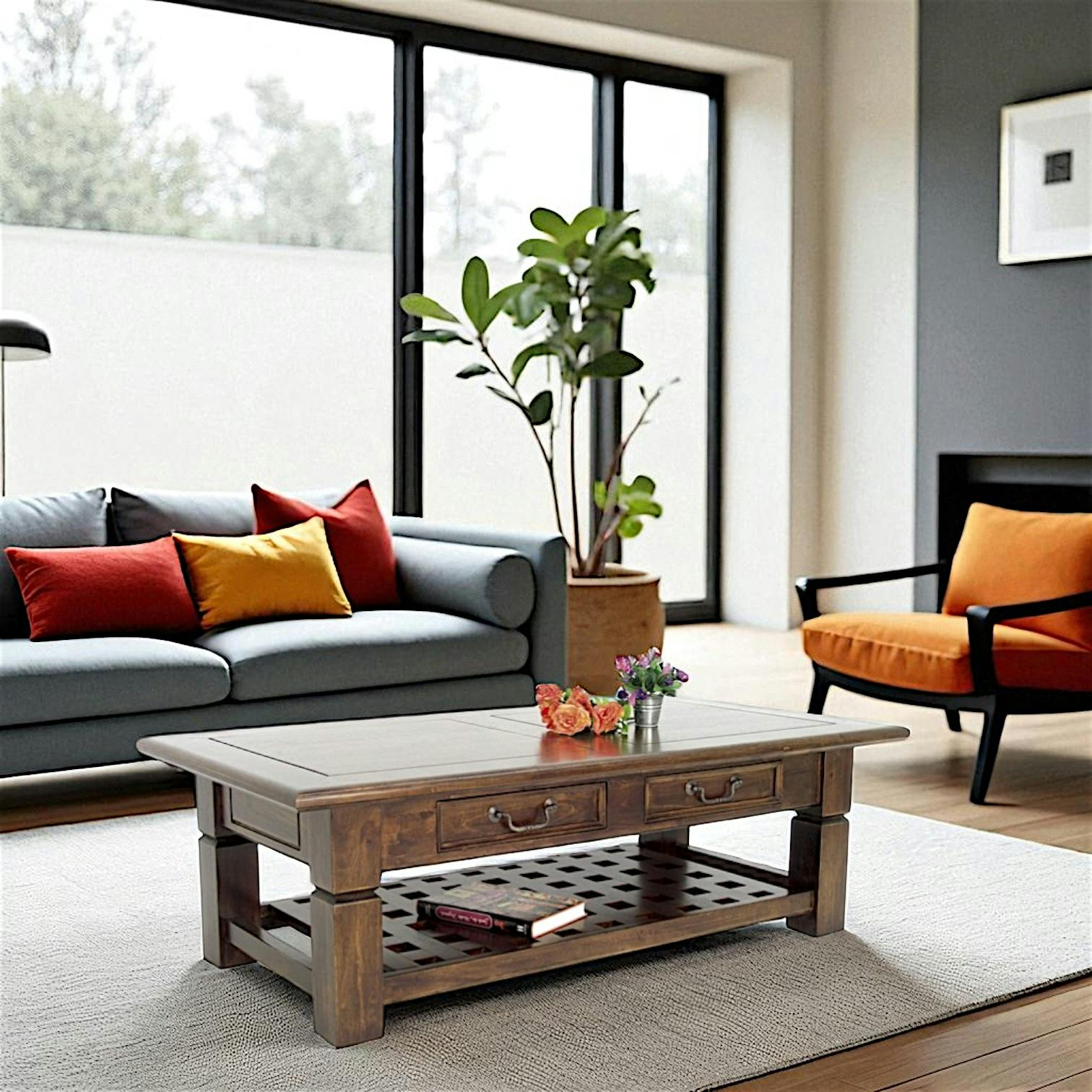 Table basse Hévéa 2 tiroirs, double plateaux dont plateau bas quadrillé 125x65x40cm MAORI