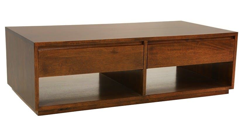 Table basse Hévéa 2 tiroirs traversants, 2 niches basses sous tiroirs 120x60x40cm BALTIC