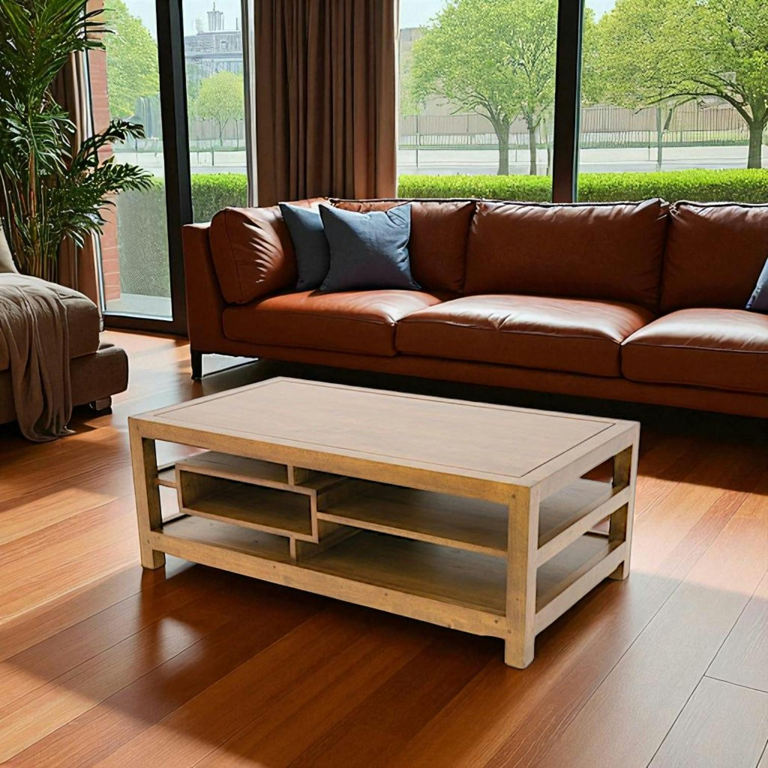 Table basse hévéa 3 plateaux 5 niches 110x60cm MAORI