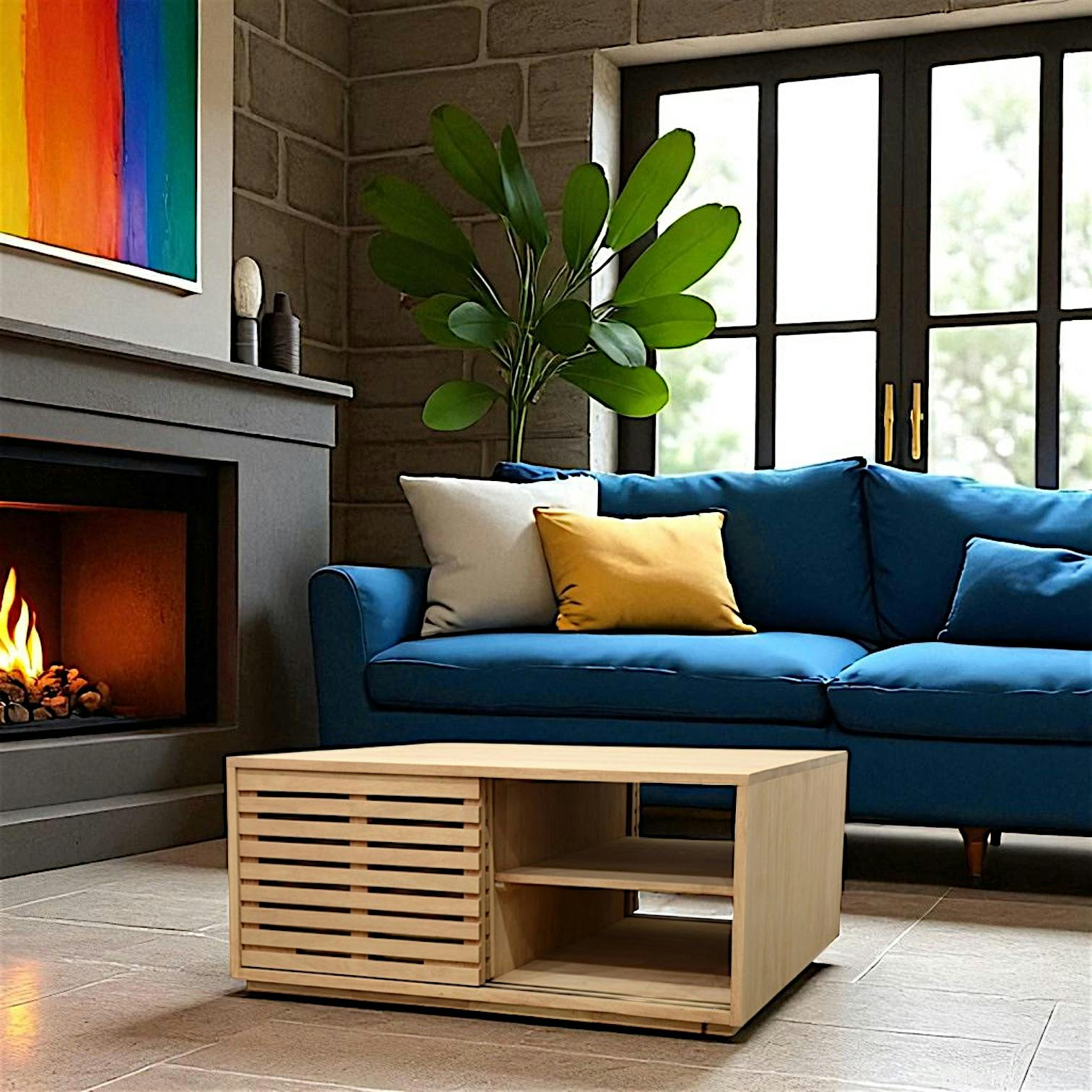 Table basse Hévéa 4 portes coulissantes Persiennes 100x100x45cm NEW ORLEANS