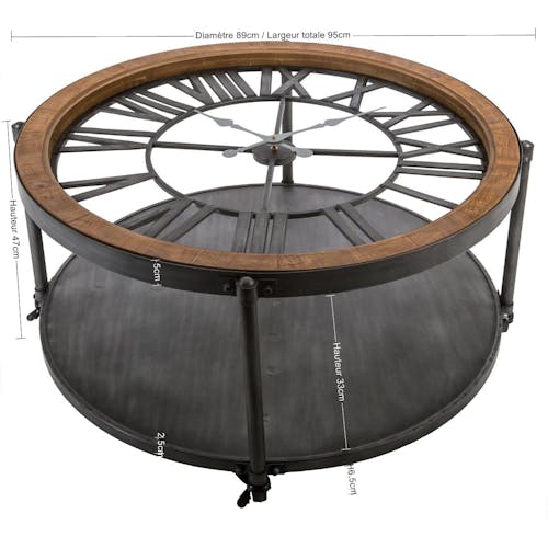 Table basse horloge en bois et metal de style industriel