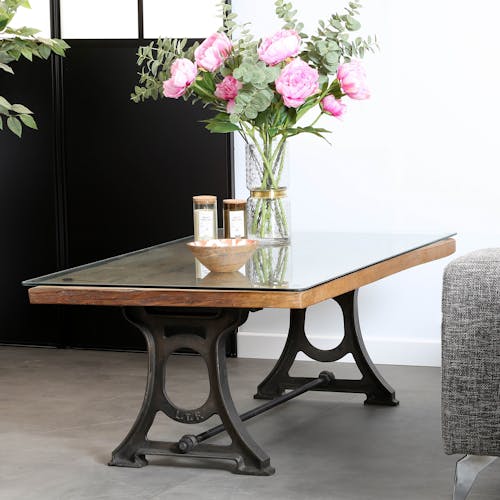 Table basse rectangulaire en bois recycle pieds metal de style industriel