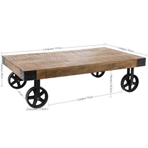 Table basse en bois et metal avec roulettes de style indutriel