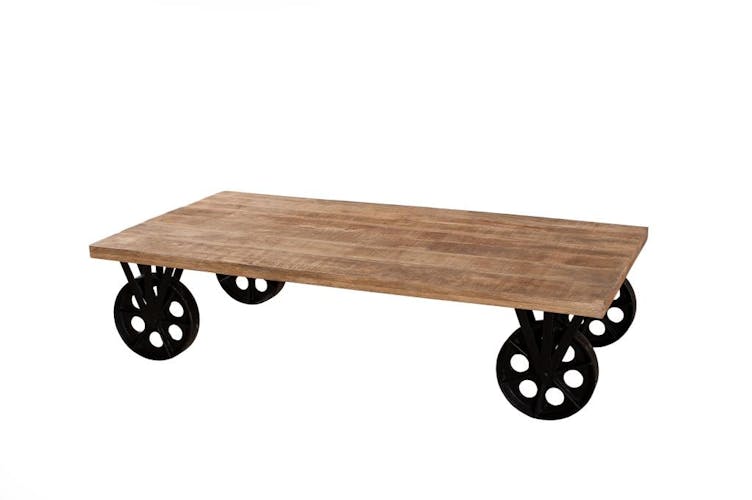 Table basse rectangulaire en bois avec roulettes metal style industriel