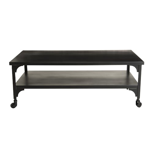Table basse rectangulaire en metal noir avec roulettes de style contemporainn
