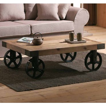  Table basse en bois et metal avec roulettes style industriel