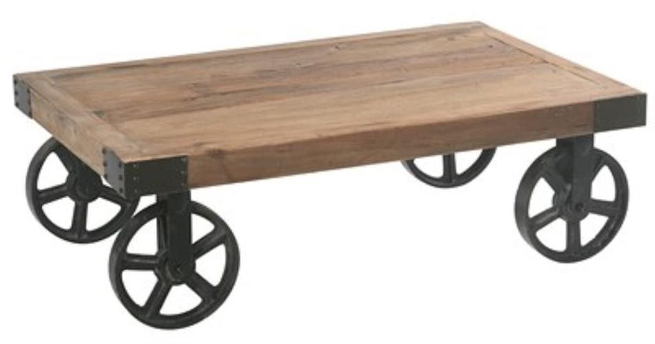 Table basse en bois et metal avec roulettes style industriel