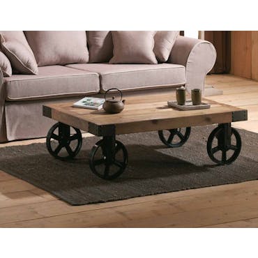  Table basse en bois et metal avec roulettes style industriel