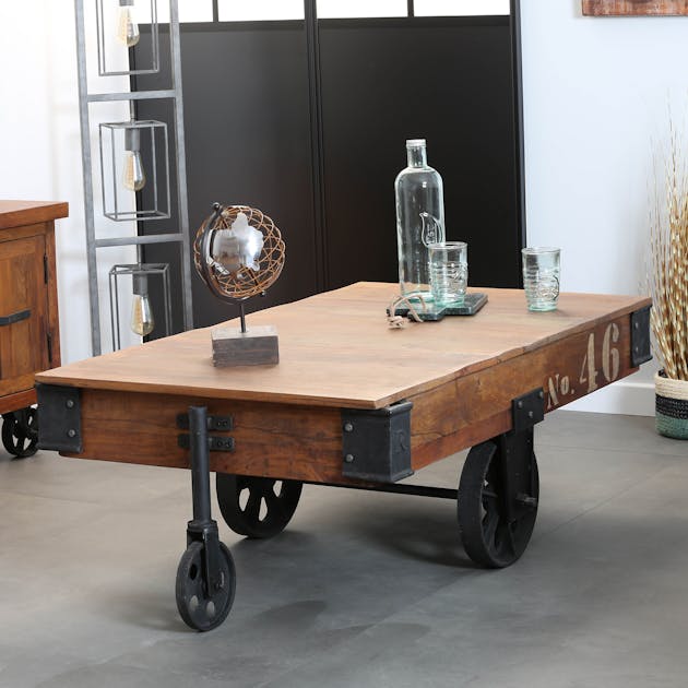 Table basse industrielle vintage bois recyclé roues LEEDS, Tables basses
