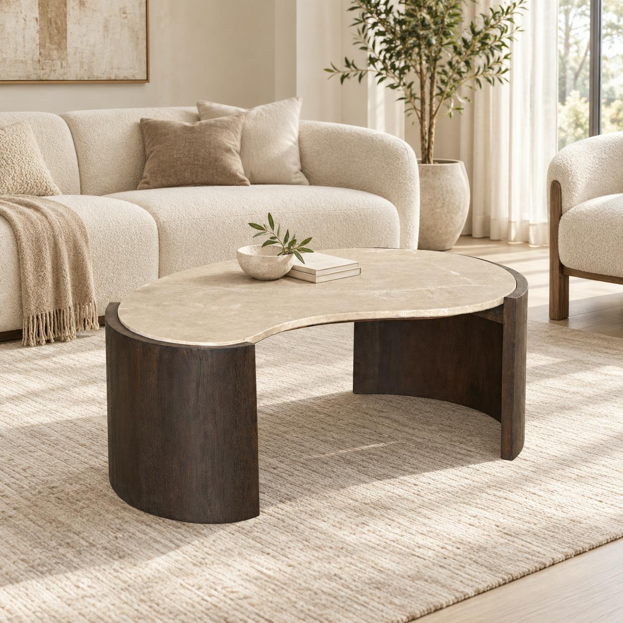Table basse marbre et bois brun design organique 94 cm DUOMO