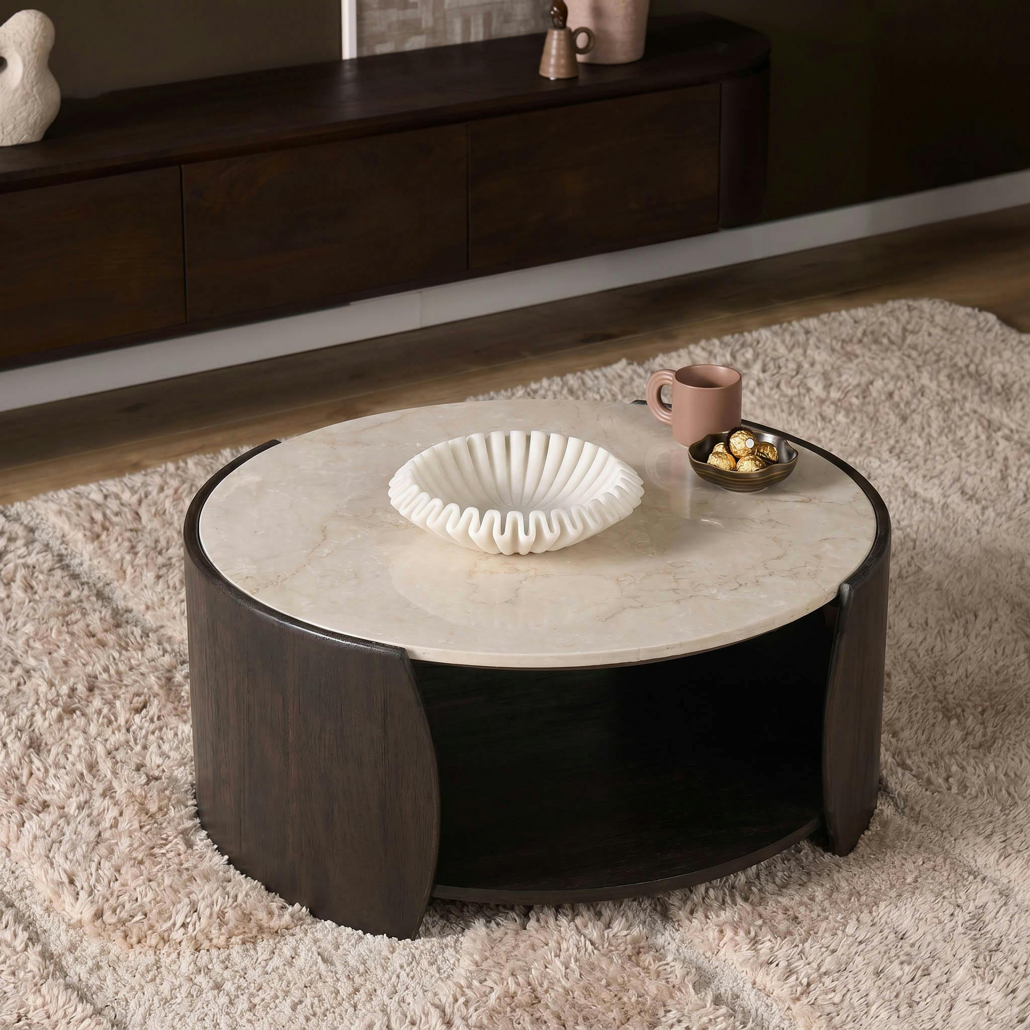Table basse marbre et bois brun double plateau DUOMO