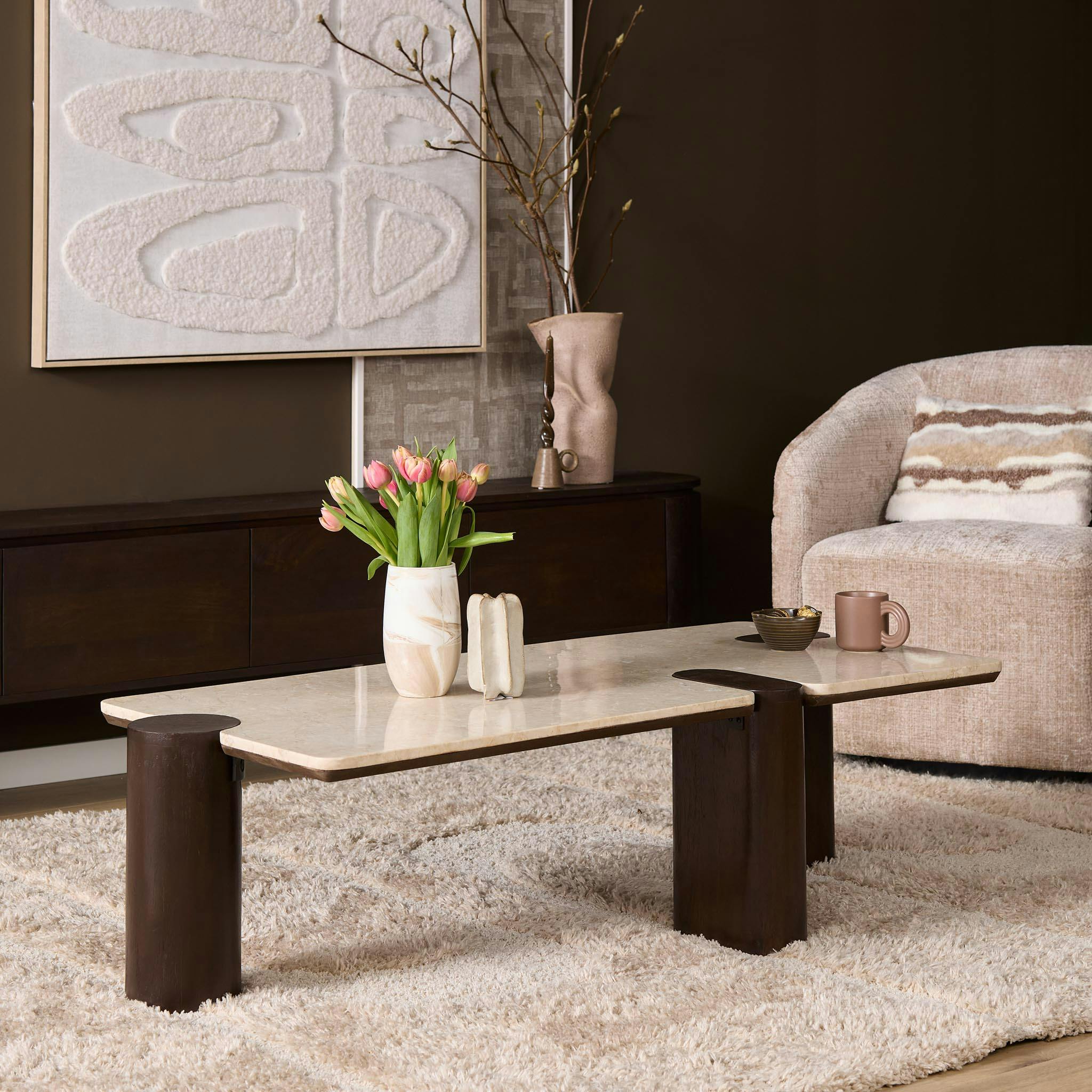 Table basse marbre et bois style puzzle DUOMO