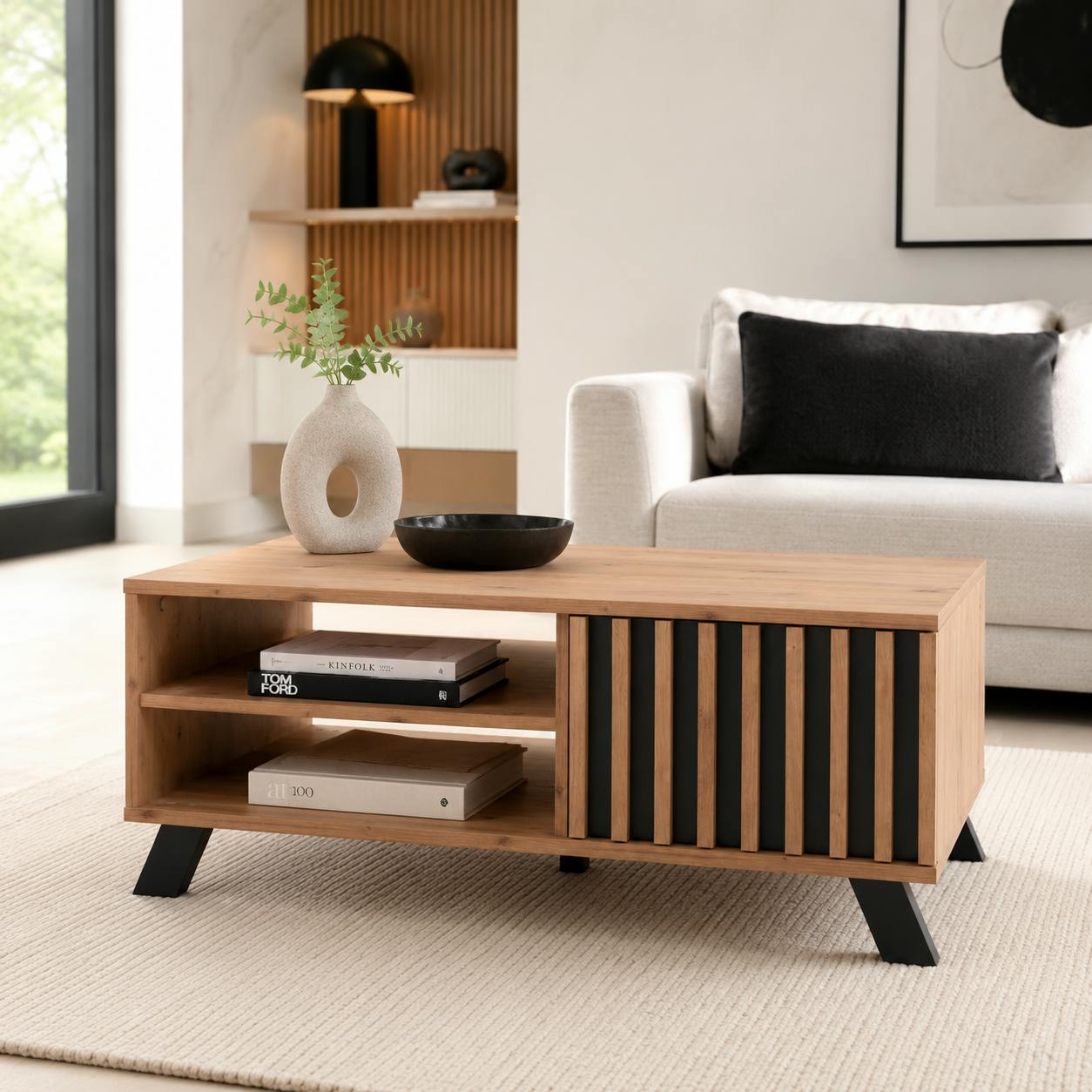 Table basse moderne 1 porte noire rainurée ALVA