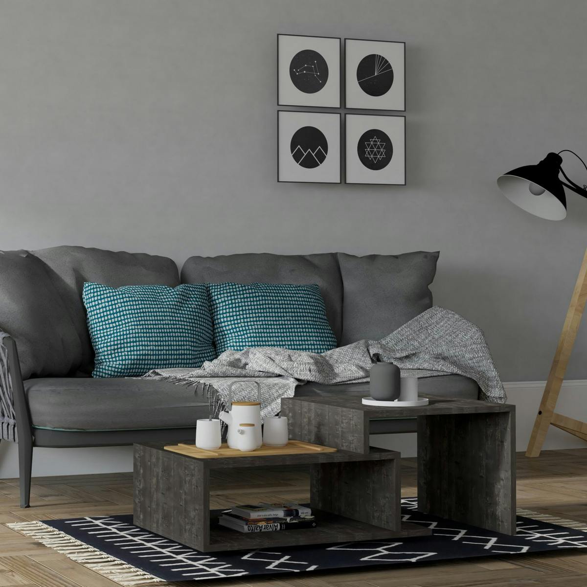 Table basse moderne anthracite 2 plateaux, 1 niche MARFA