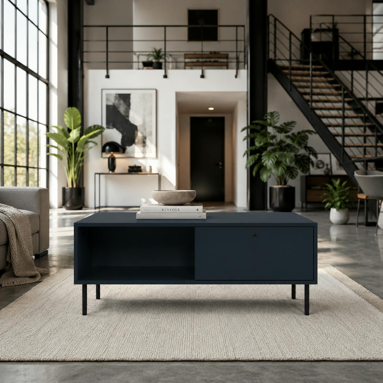 Table basse moderne bleu sombre 2 tiroirs 2 niches RAVEN