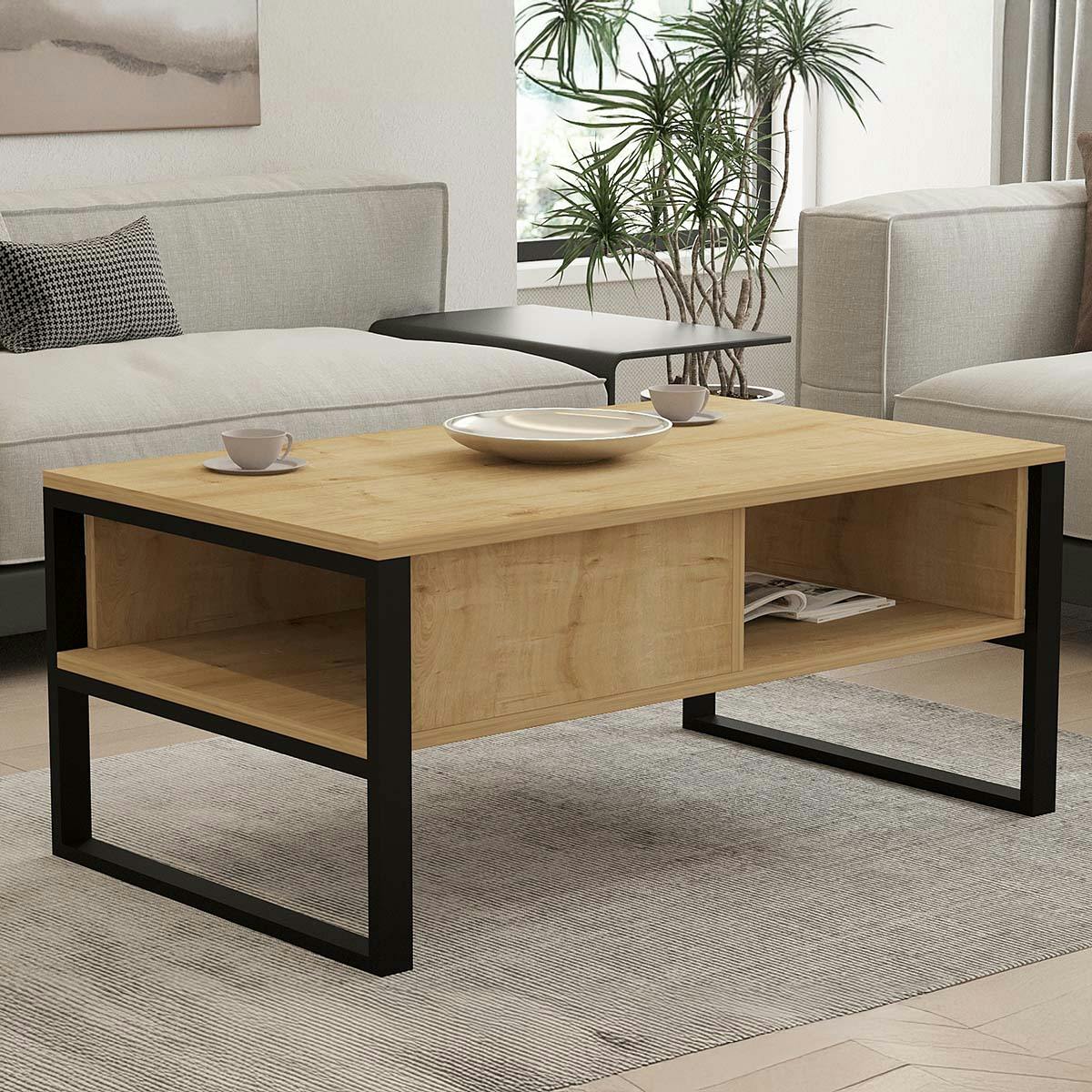Table basse moderne effet bois clair avec niches JENA